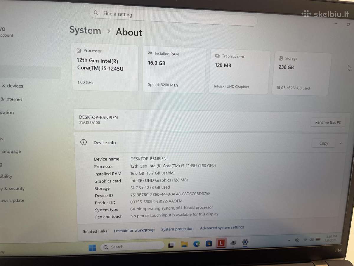 Lenovo Thinkpad T14 Gen3 i5-1245u 256gb SSD 16gb - nuotraukos Nr. 8