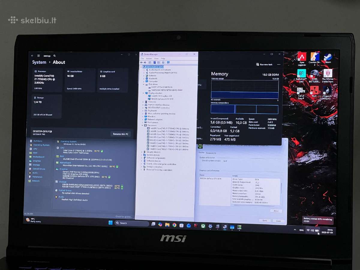 Parduodamas Msi Ge73vr su Gtx 1070, I7, 120hz. - nuotraukos Nr. 8