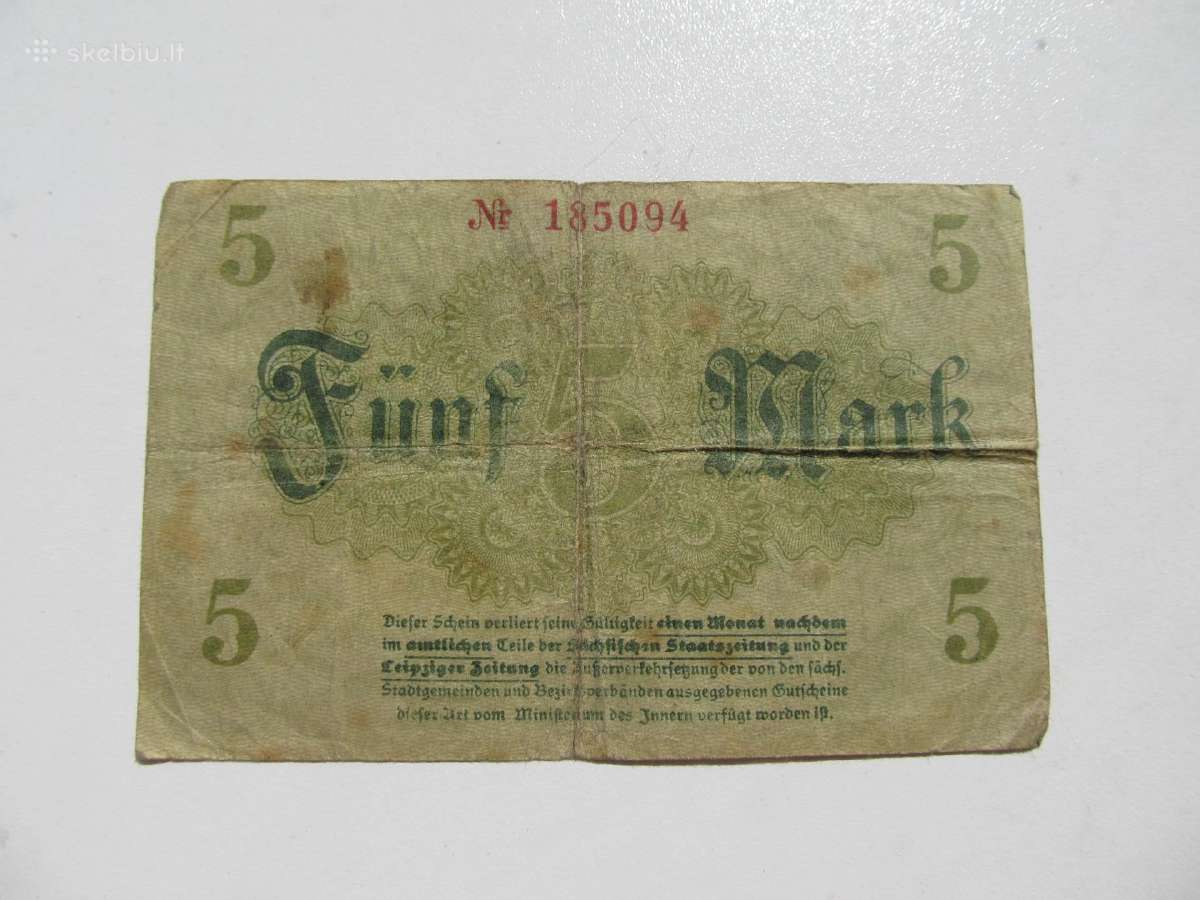 5 markės , Plauen Vokietija , 1918 - nuotraukos Nr. 2