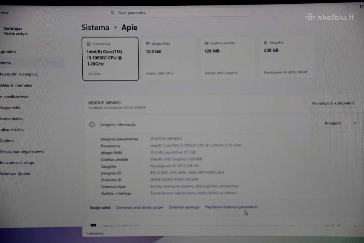 Asus X515ja i3-10gen 12gb 250ssd Fullhd - nuotraukos Nr. 11