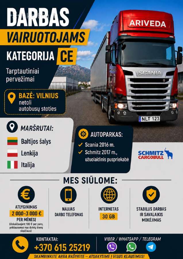 Darbas vairuotoju CE kat. Водитель CE кат.