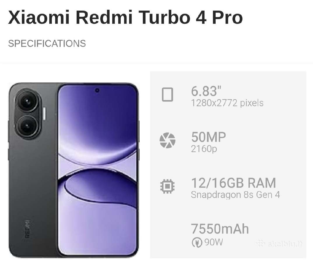Redmi Turbo 4 Pro ekrano, batarijos, dangties