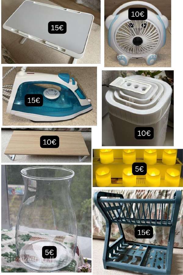 Laptop stand, table, fan, vase, dish rack, iron