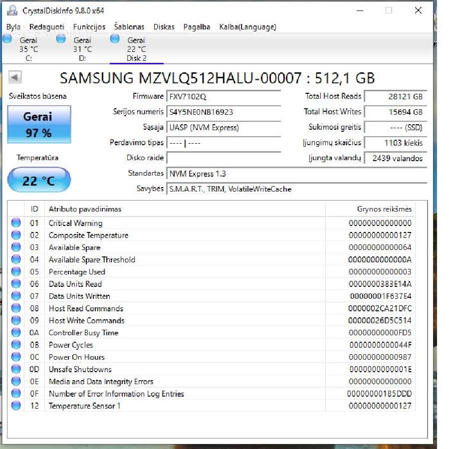 Nvme Samsung Pm991 512gb M.2 Nvme (Yra keli vnt) - nuotraukos Nr. 4