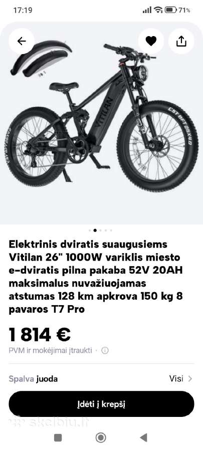 Dviratis elektrinis Vitilan 26" 1000w - nuotraukos Nr. 10