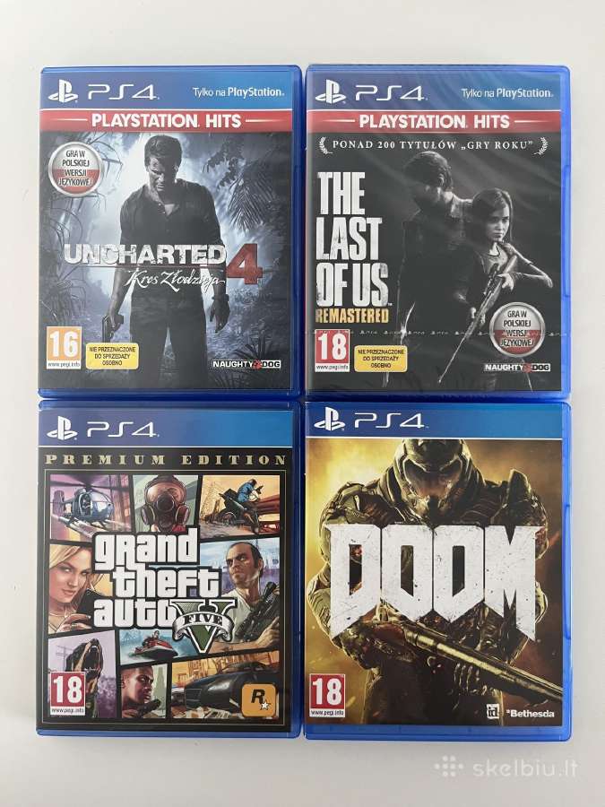 Ps4 žaidimai (Gta V, Tlou, Uncharted 4, Doom)