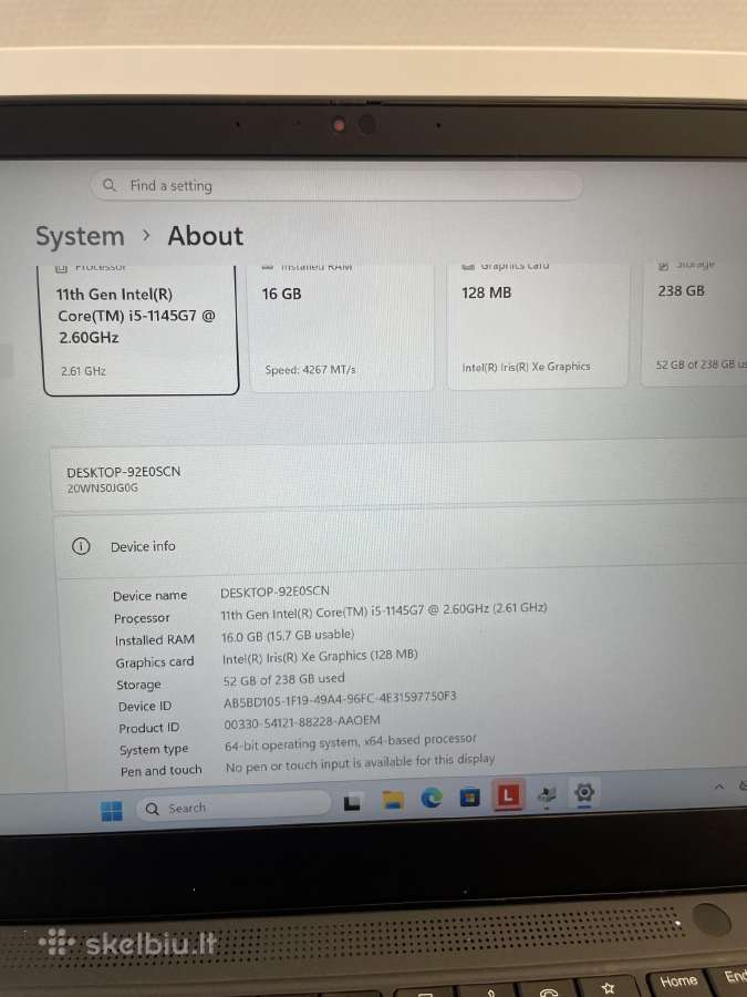 Lenovo Thinkpad T14s Gen2 i5-1145g7 256gb SSD 16gb - nuotraukos Nr. 7