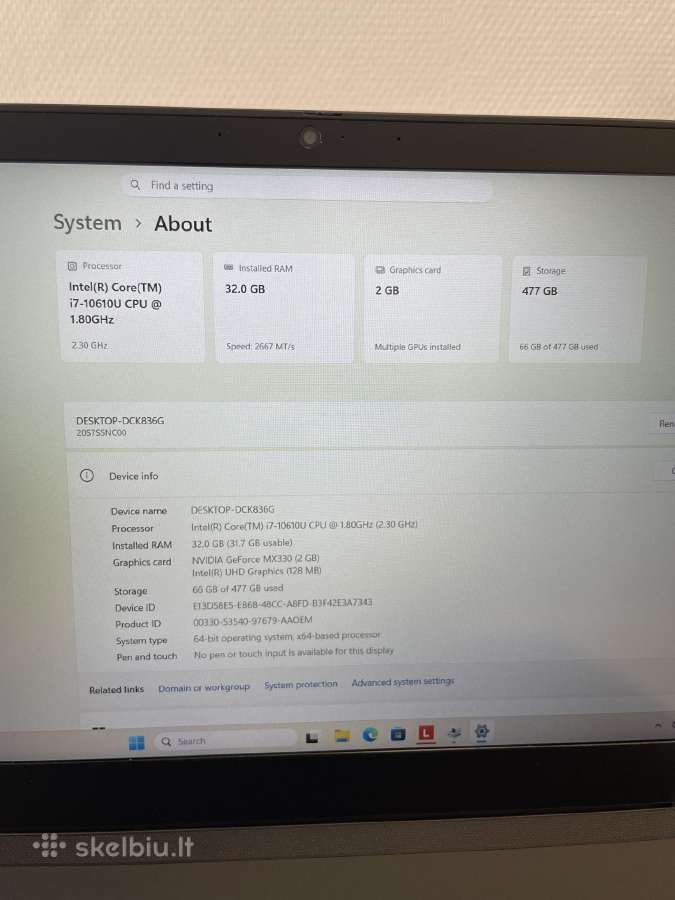Lenovo Thinkpad T15 Gen 1 i7-10610u 512 SSD 32 RAM - nuotraukos Nr. 9