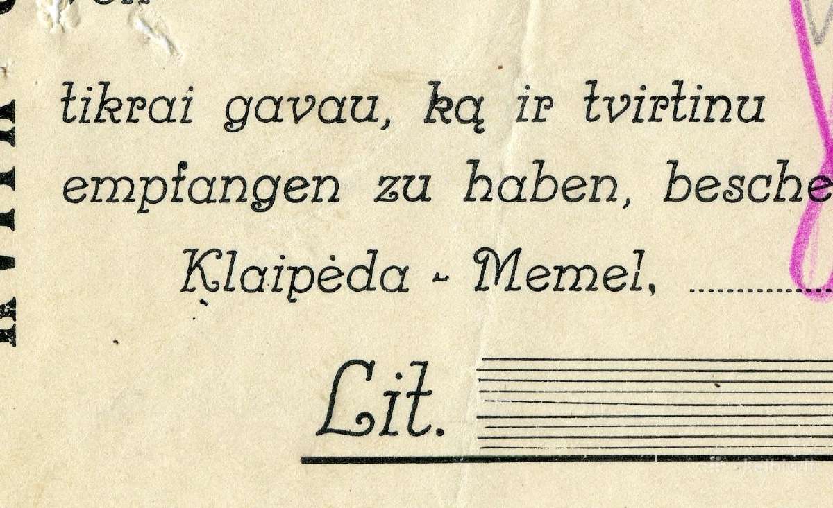 Čekis kvitas Memel Klaipėda