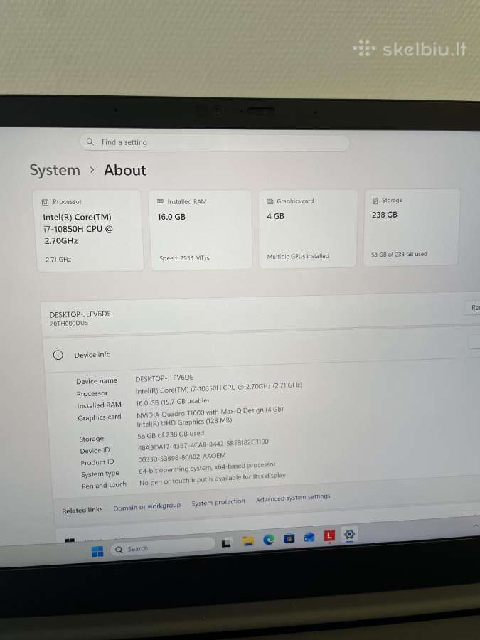 Lenovo Thinkpad P1 Gen 3 i7-10850h 256gb SSD 16gb - nuotraukos Nr. 9