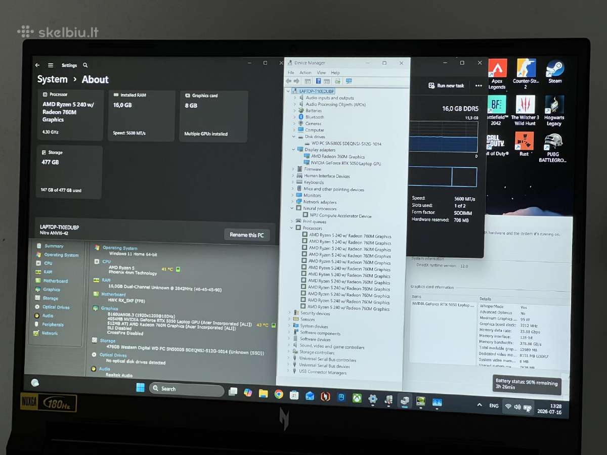 Parduodamas Nitro V16 su Rtx 5050, Ryzen Ai, 180hz - nuotraukos Nr. 8