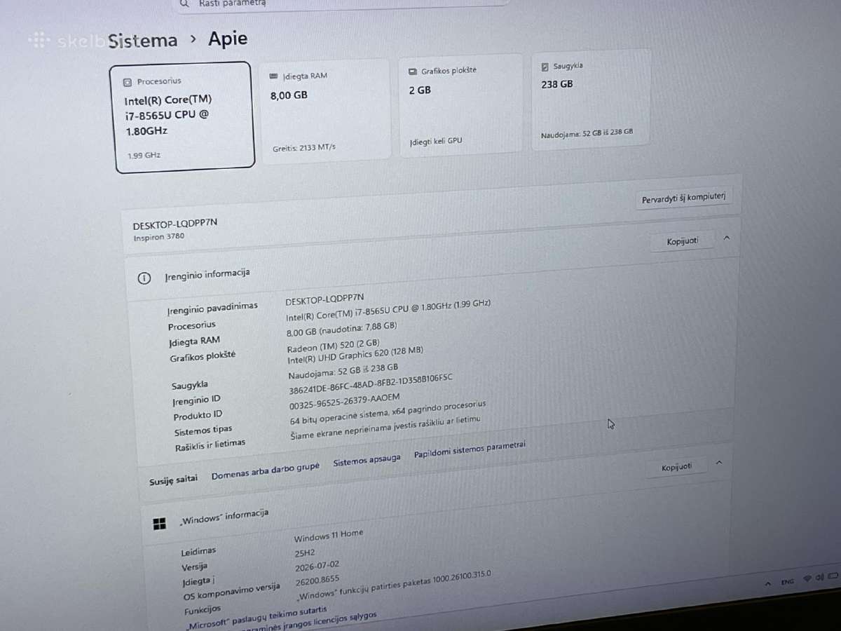 17.3" Dell Inspiron i7 8gb 256gb SSD su garantija - nuotraukos Nr. 3