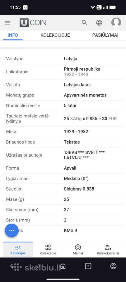 Moneta 5 Latai 1929 m. Sidabras - Originali. - nuotraukos Nr. 3