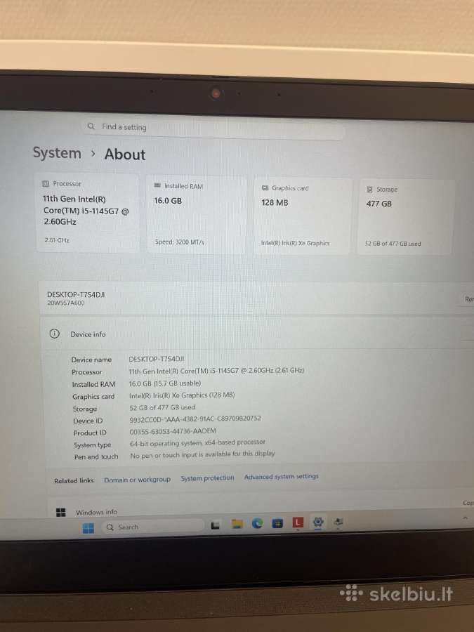 Lenovo Thinkpad T15 Gen 2 i5-1145g7 512ssd 16ram - nuotraukos Nr. 9