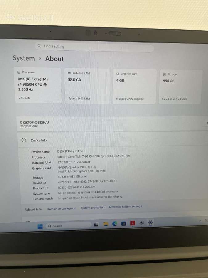 Lenovo Thinkpad P1 Gen2 i7-9850h 32gb RAM 1tb SSD - nuotraukos Nr. 7