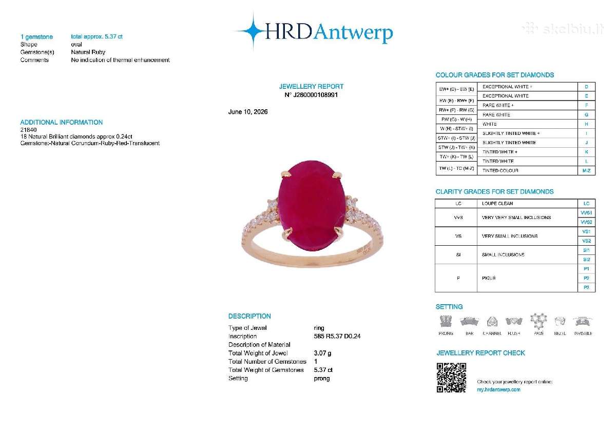 Aukso žiedas su nekaitintu 5,37 ct. rubinu - nuotraukos Nr. 7