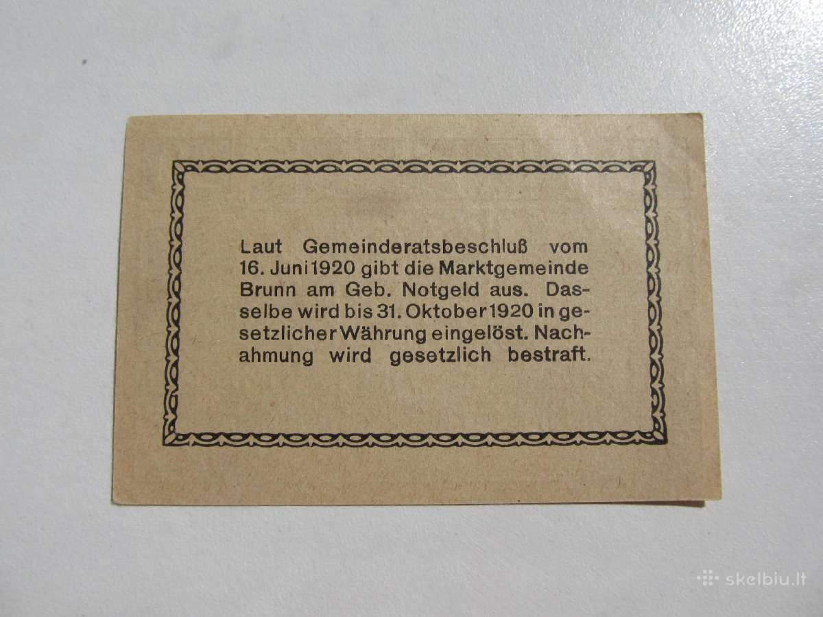 Notgeldas 20 heleriu , Brunn Austrija , 1920 - nuotraukos Nr. 2