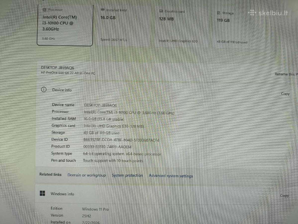 Hp Aio Touch 21.5" i3-10100 16gb 128gb SSD - nuotraukos Nr. 5