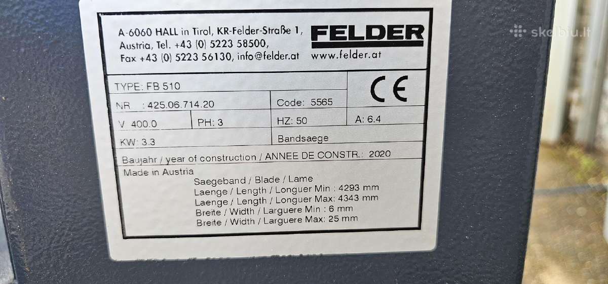 Juostinis pjūklas Felder Fb510 (Austria, 2020m) - nuotraukos Nr. 10