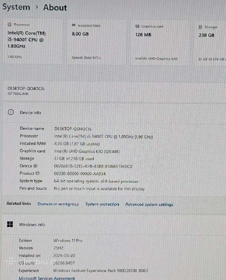Lenovo M720q i5-9400t 256gb SSD Windows 11 Pro - nuotraukos Nr. 2
