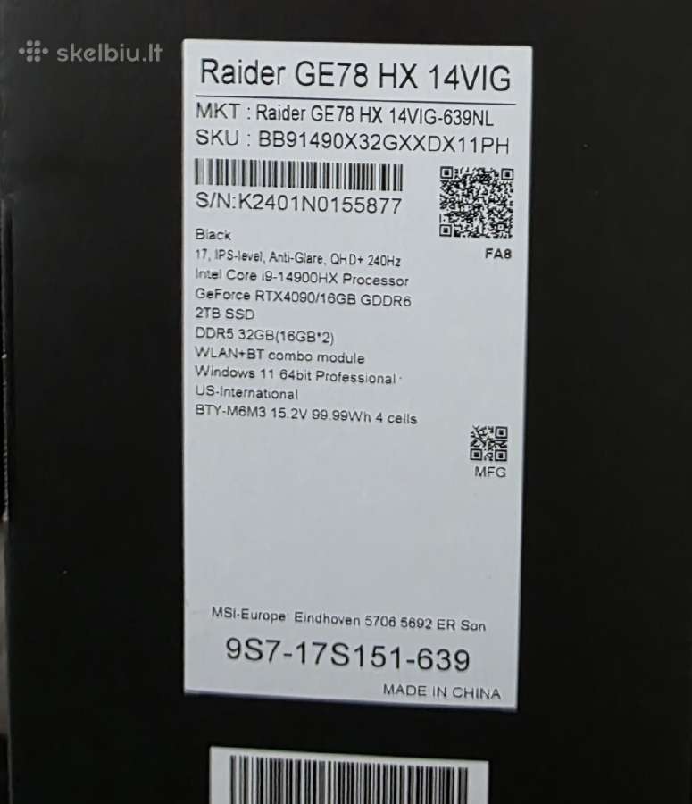 Msi Raider 17" 14900hx Rtx4090 Ddr5-32gb 2tb Qhd+ - nuotraukos Nr. 2