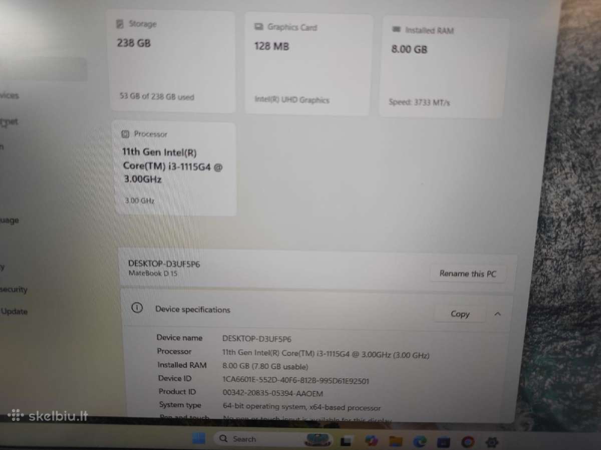 Huawei Matebook D15 i3-1115g4 / 8gb RAM/256gb SSD - nuotraukos Nr. 4