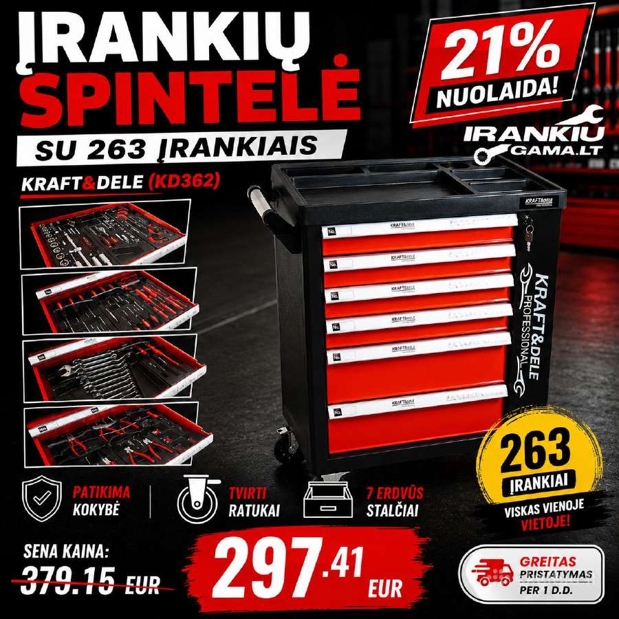 Įrankių spintelė su įrankiais, su ratukais, 263 el - nuotraukos Nr. 3