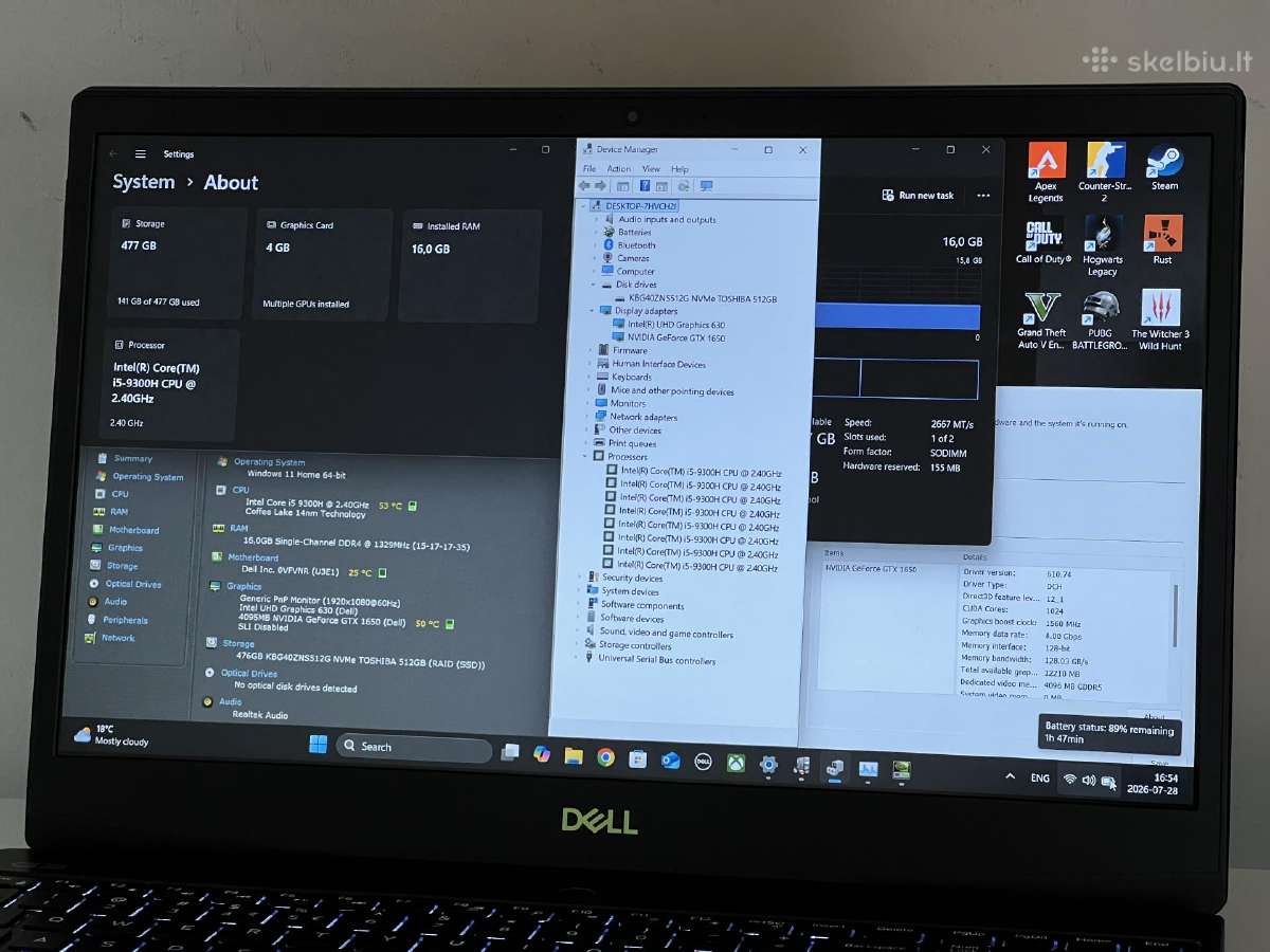 Parduodamas Dell G3 su Gtx 1650, I5-9k, 16gb/512gb - nuotraukos Nr. 8