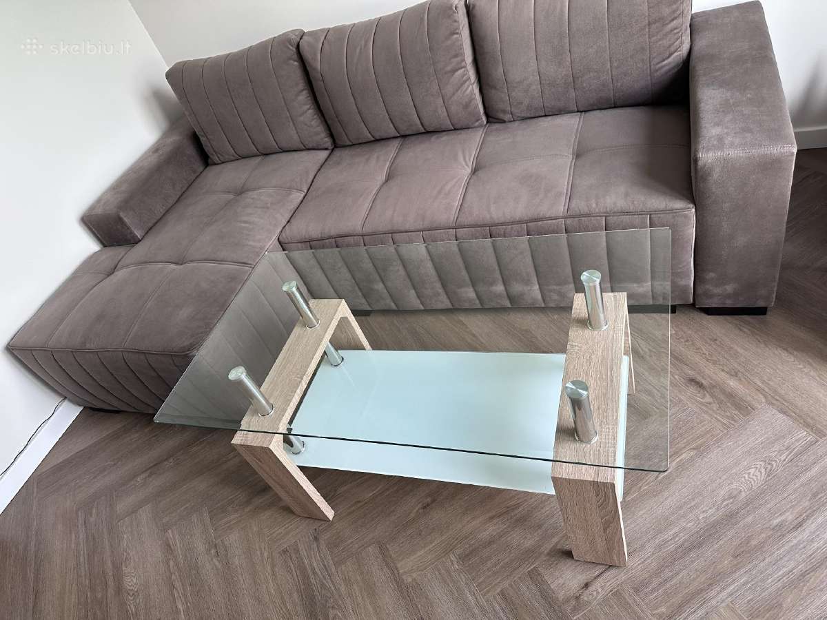 Kampinė sofa-lova + stiklinis kavos staliukas - nuotraukos Nr. 4