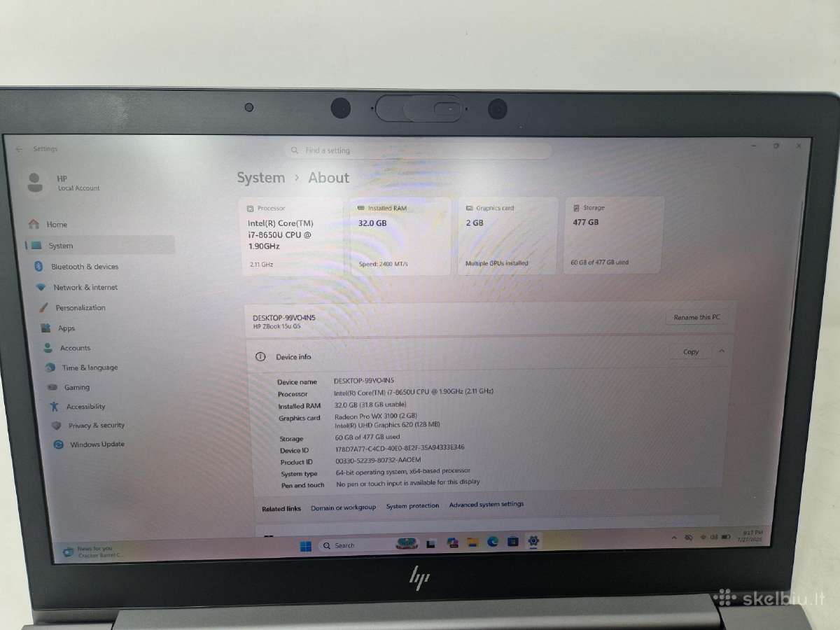 Hp Zbook 15u G5 - i7/8650 / 32gb RAM / 512 SSD - nuotraukos Nr. 7