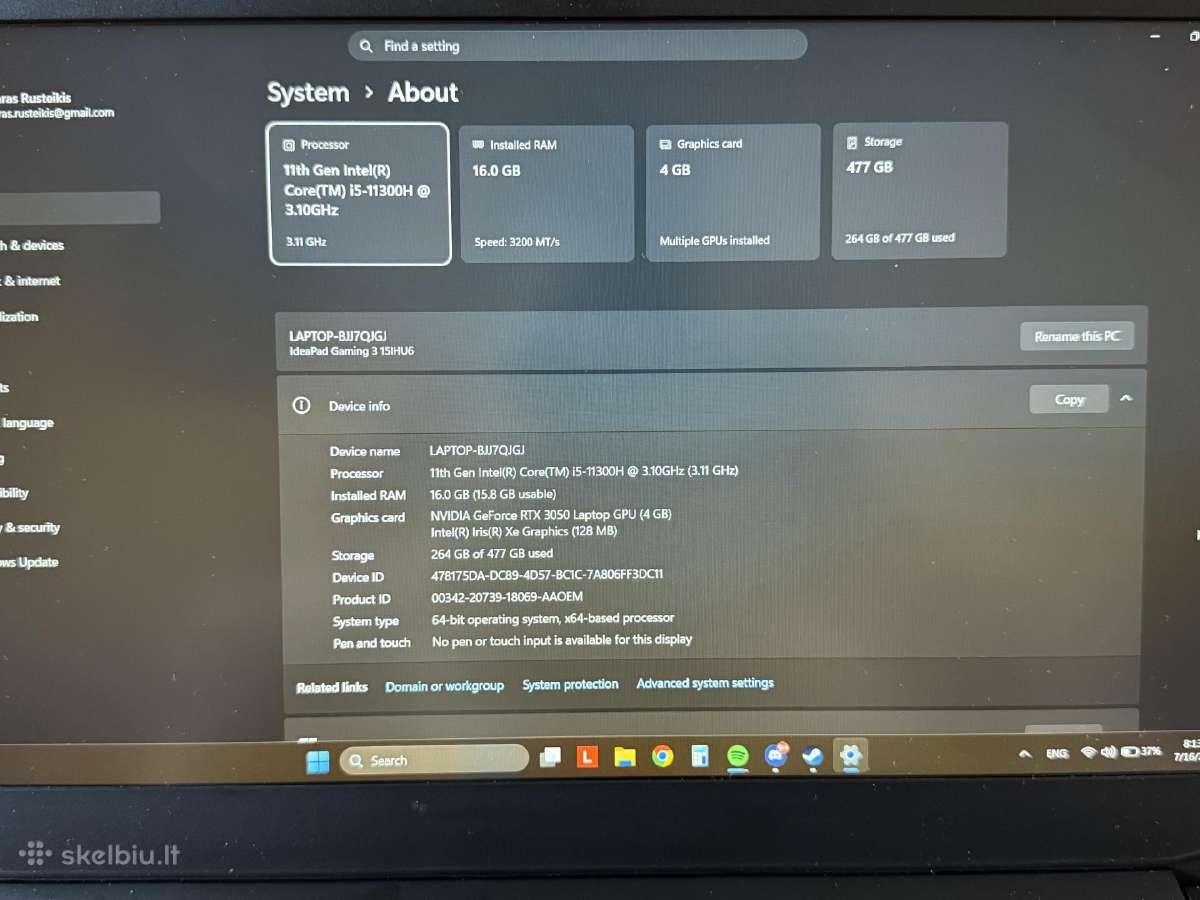 Lenovo kompiuteris Rtx3050 ir I5-11300h - nuotraukos Nr. 8