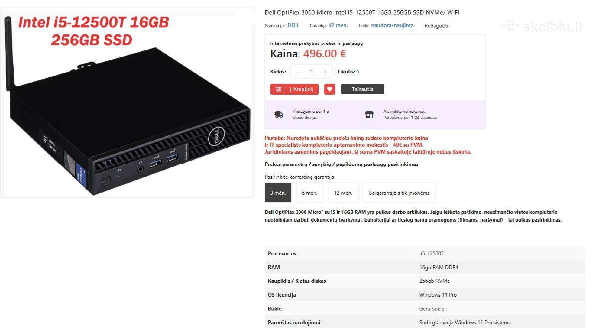 Dell Optiplex 3000 mini su WiFi - nuo 481 - nuotraukos Nr. 2