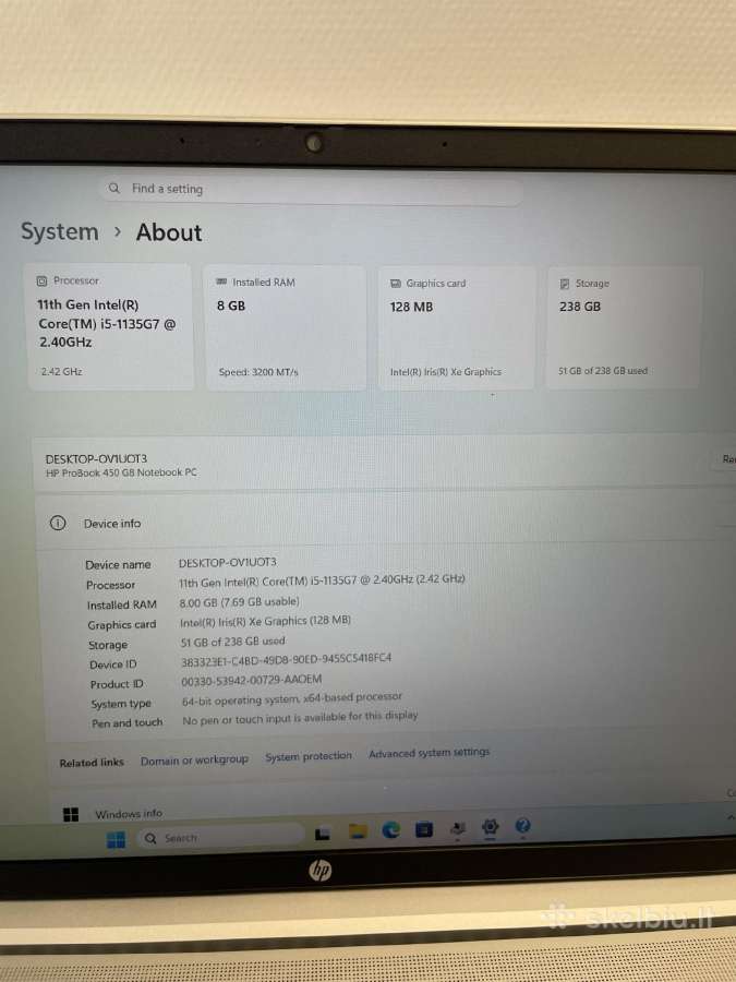 Hp Probook 450 G8 i5-1135g7 8 GB RAM 256 SSD - nuotraukos Nr. 7