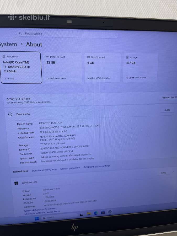 Hp Zbook Fury 17 G7 i7-10850h 32gb RAM 512gb SSD - nuotraukos Nr. 9