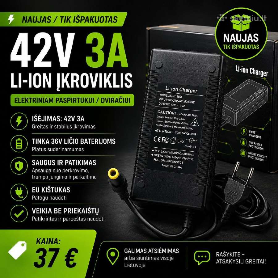 42v 3a Li-ion įkroviklis elektriniam paspirtukui - nuotraukos Nr. 2