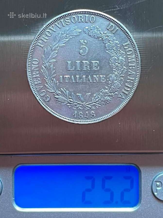 1848 metų 5 lirų sidabrinė Lombardijos moneta - nuotraukos Nr. 3