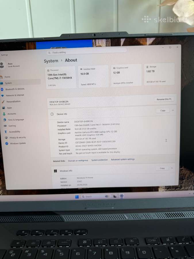 Asus Rog Strix G16 Rtx4080, mini LED 240hz, i7 2tb - nuotraukos Nr. 8
