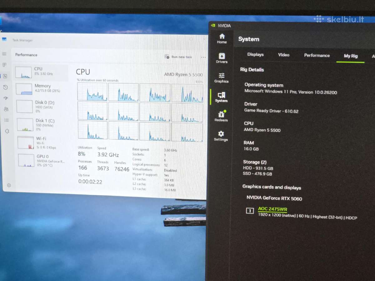 Gaming Pc R5-5gen, Rtx 5060, 16 RAM, SSD 512g - nuotraukos Nr. 3