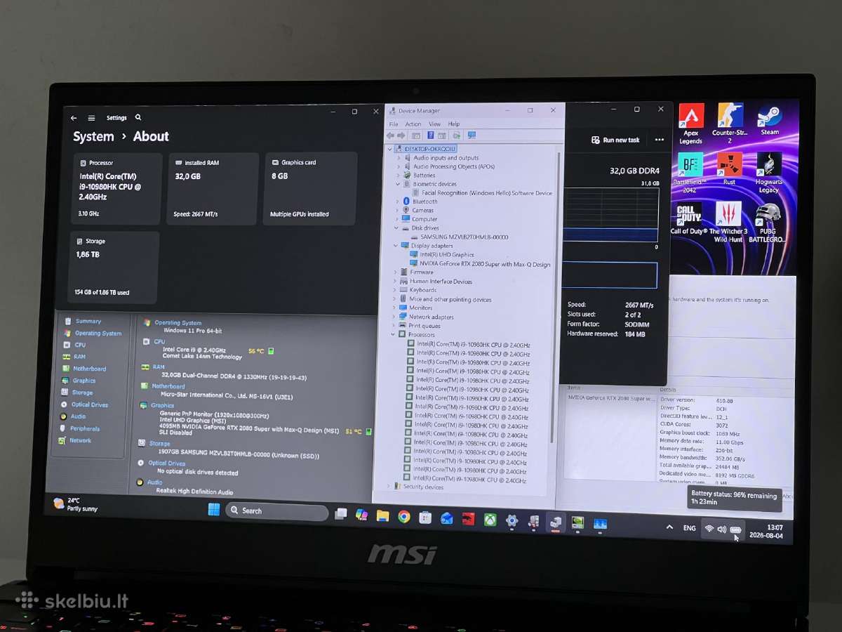 Parduodamas Msi Stealth su Rtx 2080s, I9, 32gb/2tb - nuotraukos Nr. 8