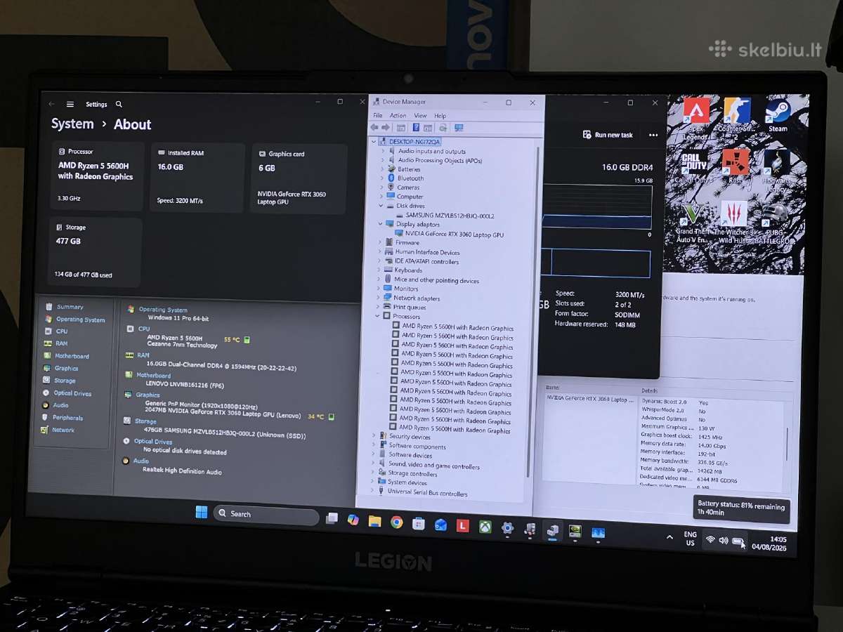 Parduodamas Legion 5 su Rtx 3060, Ryzen, 120hz. - nuotraukos Nr. 8