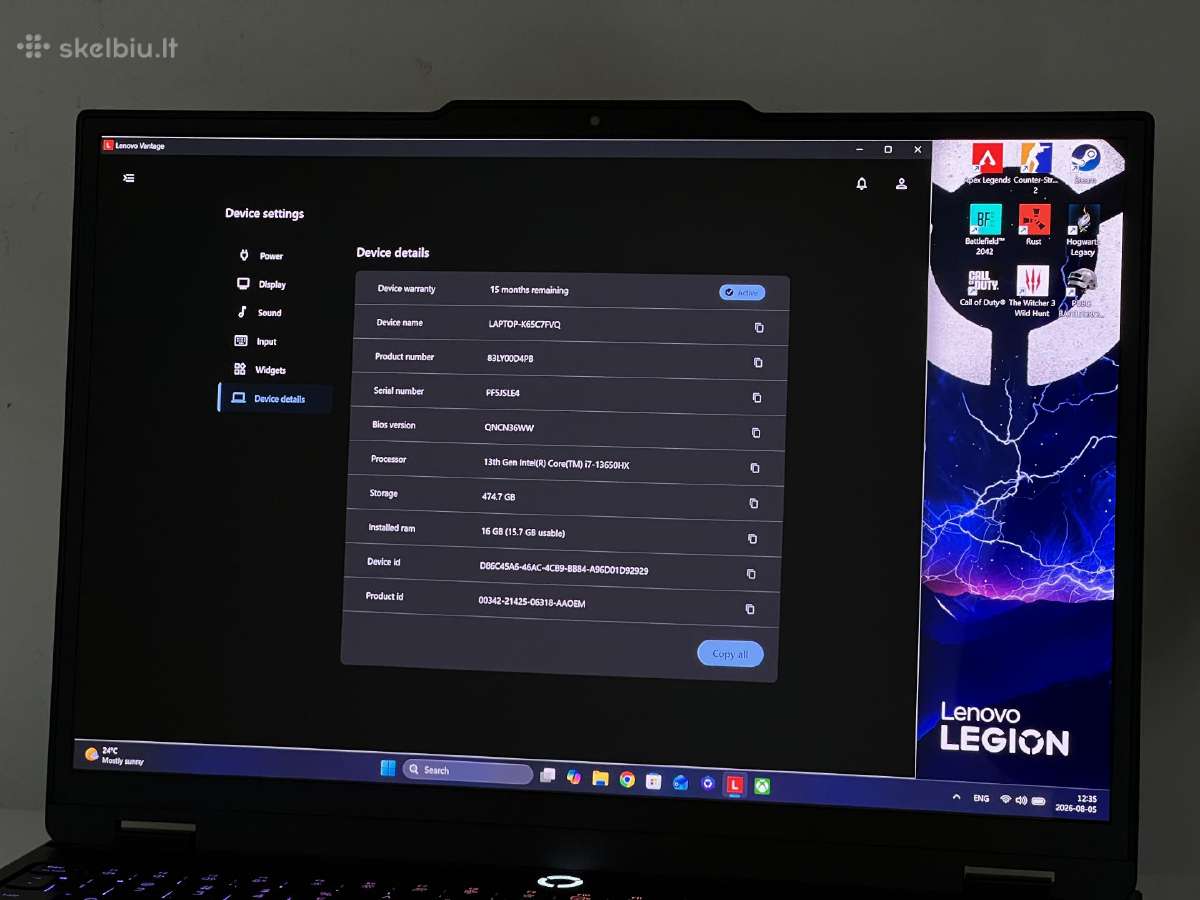 Parduodamas Legion 5 Oled su Rtx 5060, I7-13hx. - nuotraukos Nr. 9