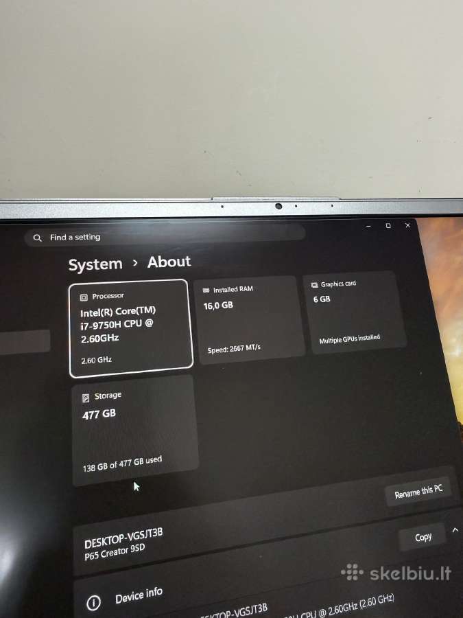 Msi Creator P65 /16 GB RAM/i7/gtx 1660ti/512 SSD - nuotraukos Nr. 11