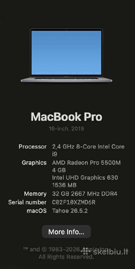 MacBook Pro 16" 2019 i9 32 GB RAM Amd 8 GB - nuotraukos Nr. 2