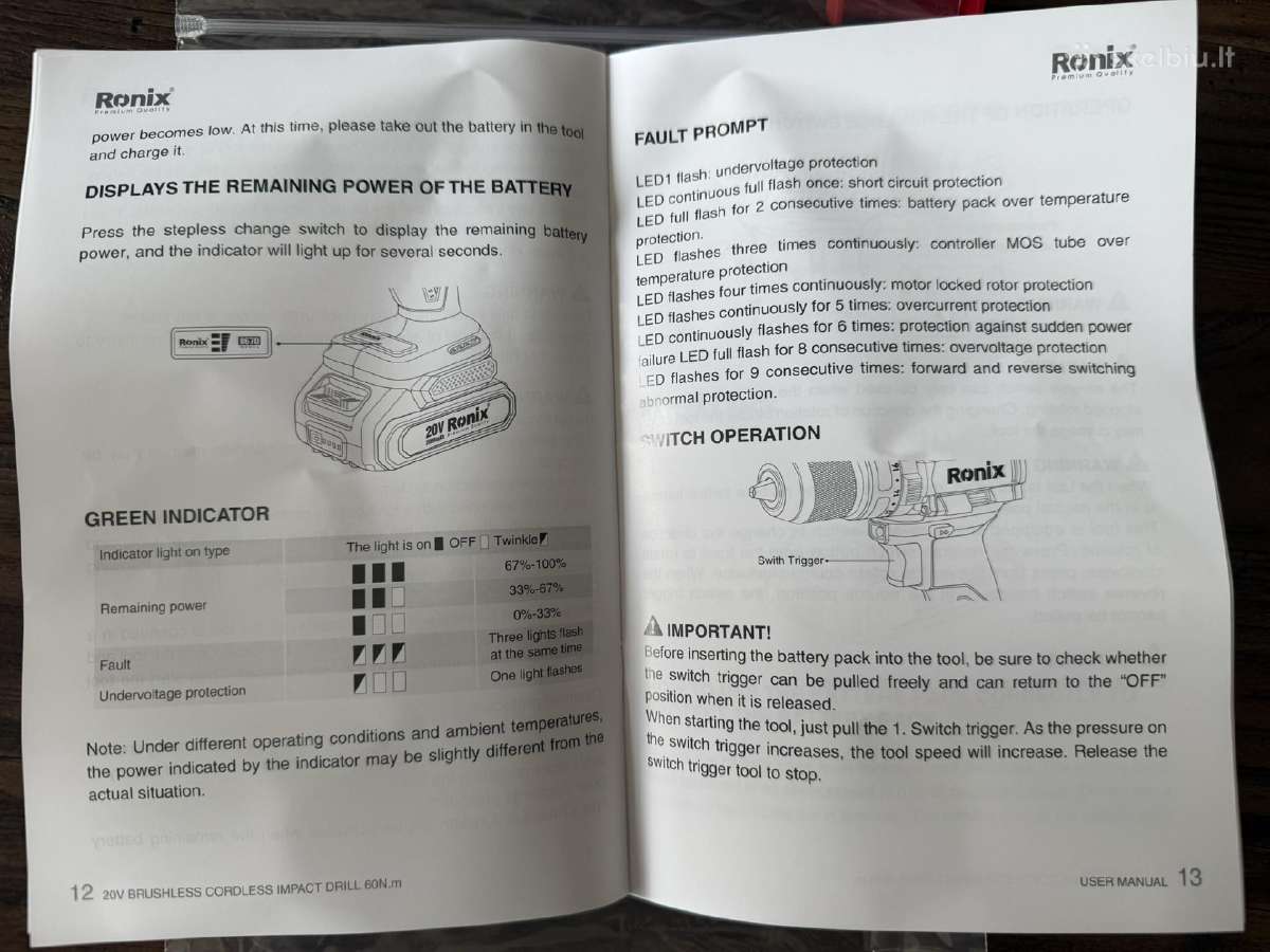 Belaidis smūginis grąžtas suktukas gręžtuvas Ronix - nuotraukos Nr. 19