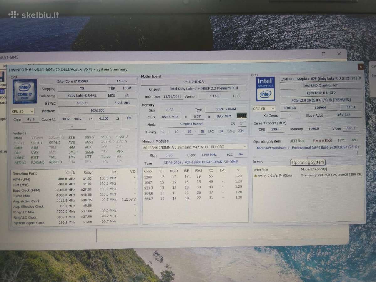 Dell Vostro 3578 Intel i7-8550u SSD Win 11 - nuotraukos Nr. 7