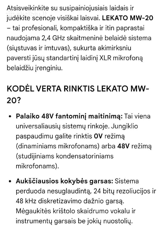Lekato Mw-20 belaidžio mikrofono Xlr sistema - nuotraukos Nr. 8