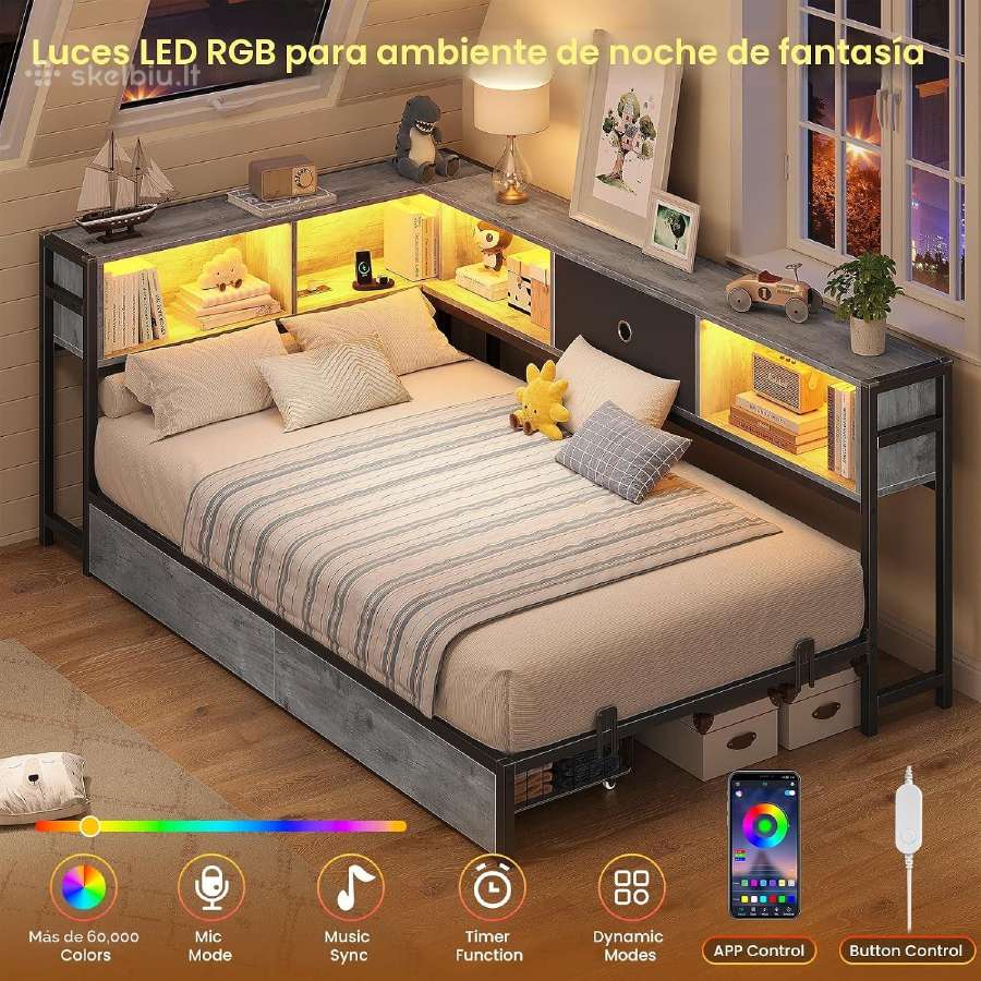 Lova su lentynomis, LED apšvietimu, Usb/type-c - nuotraukos Nr. 3