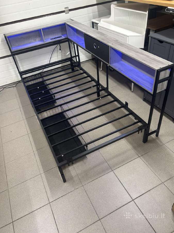 Lova su lentynomis, LED apšvietimu, Usb/type-c - nuotraukos Nr. 7