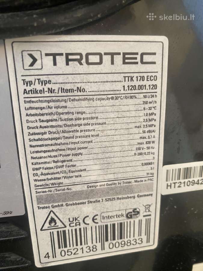 Drėgmės surinkėjas sausintuvas Trotec Ttk 170 Eco - nuotraukos Nr. 5