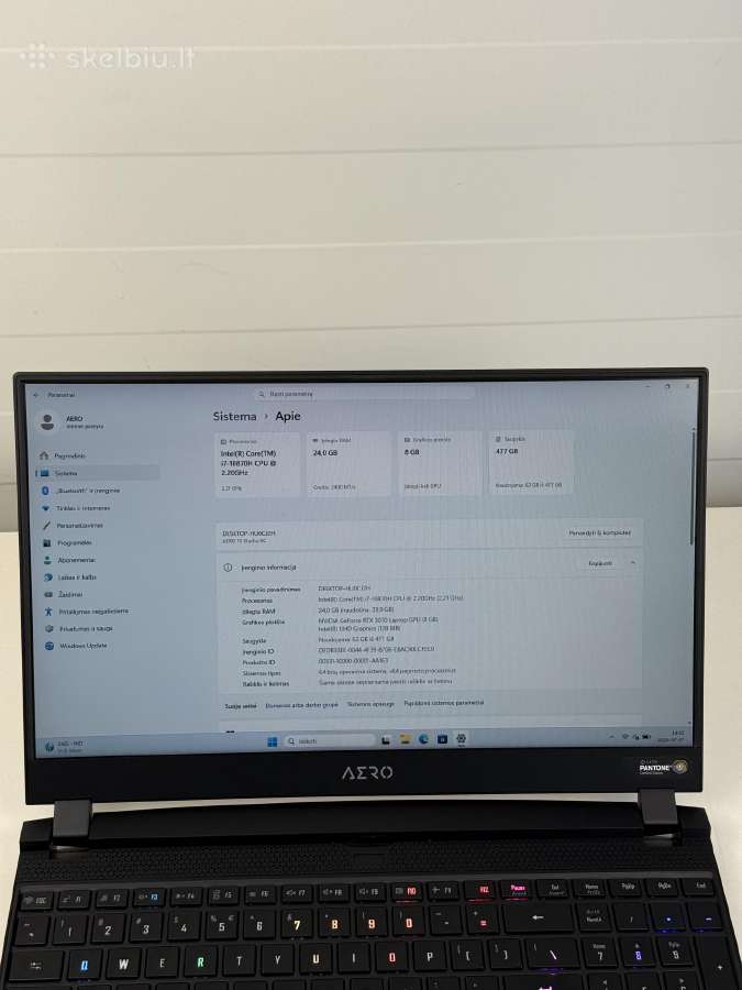 Gigabyte Aero 15xc Rtx 3070 I7 10870h 24gb RAM - nuotraukos Nr. 8